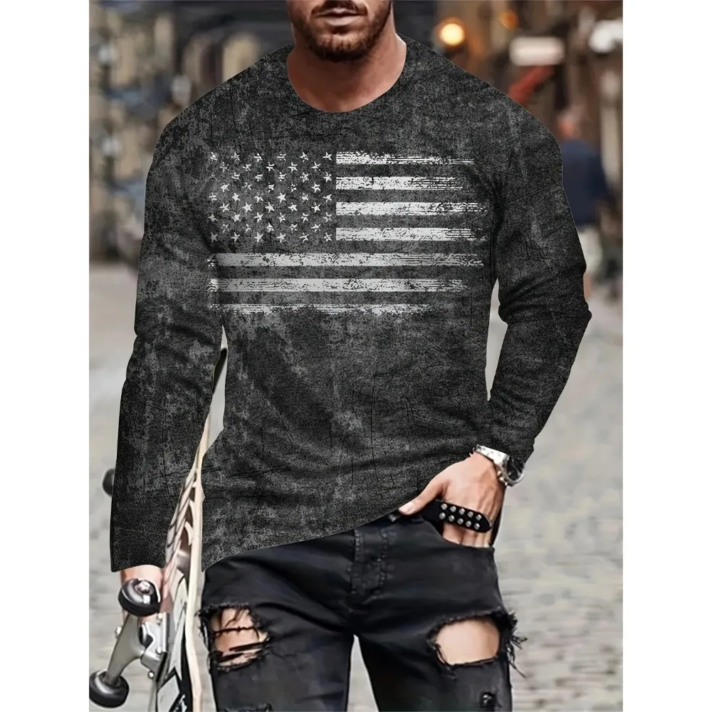 

Patriotic Pride Long Sleeve Graphic Tee - Men's Casual T-Shirts - American Flag Print, Soft Polyester , Crew Neck Regular Length