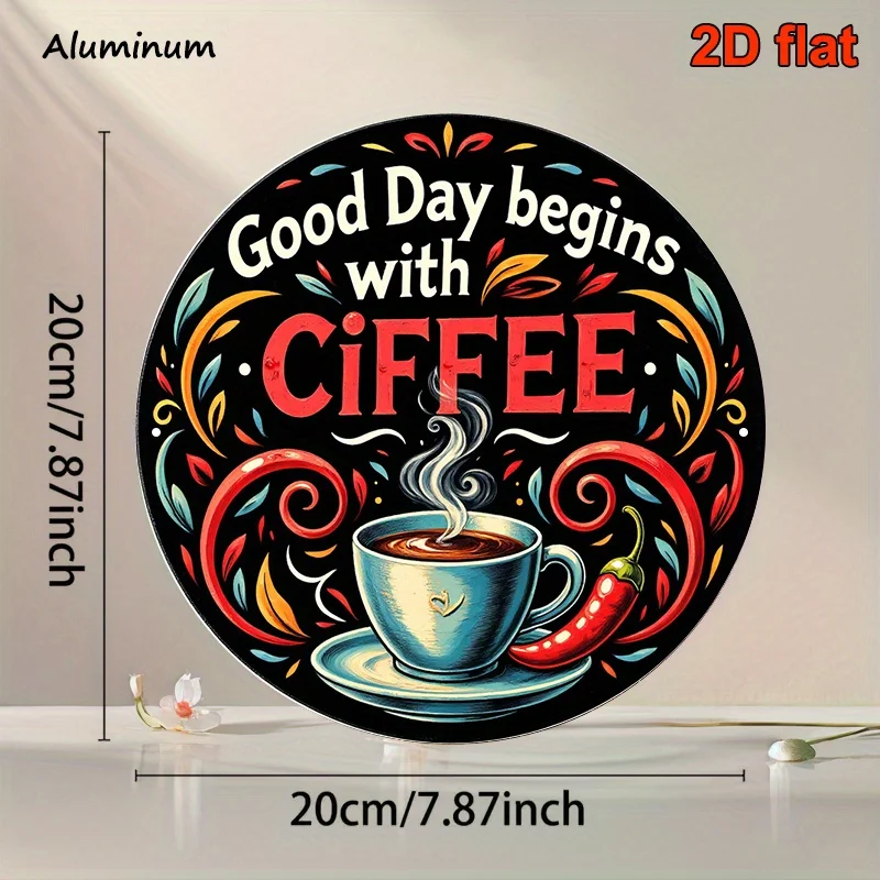 لافتة ألومنيوم مستديرة 2D، قطعة واحدة مقاس 20.32 × 20.32 سم - "يوم جيد يبدأ مع القهوة" ديكور حائط عتيق بخاري مزين بالزهور، مناسب