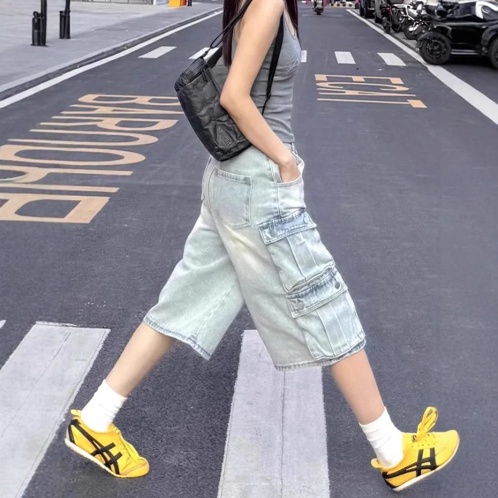 Invisibile con apertura sul cavallo Danni sessuali all'aperto Pantaloncini da uomo in denim Tasca estiva Utensili Jeans Tendenza Pantaloni larghi dritti retrò