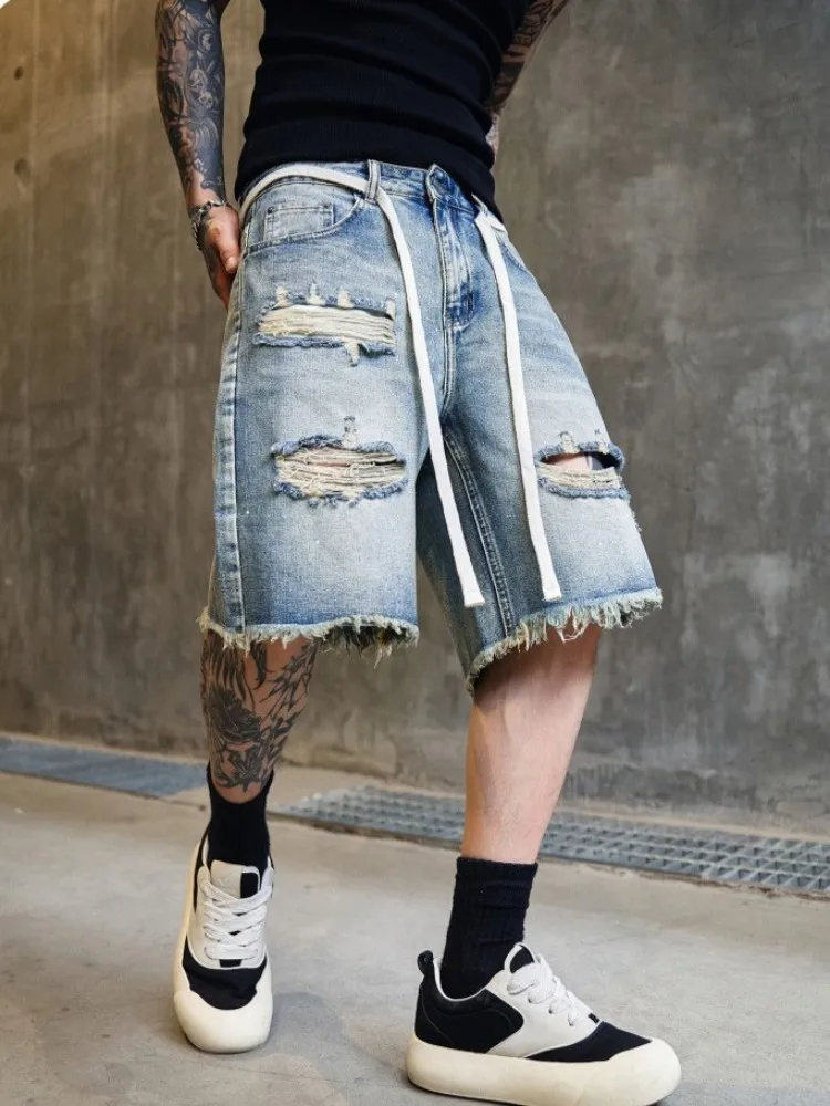رجل الدنيم السراويل ممزق ثقوب الركبة طول مستقيم بنطلون الهيب هوب الجينز شارع العليا خمر رجل الصيف السراويل غير رسمية جديد