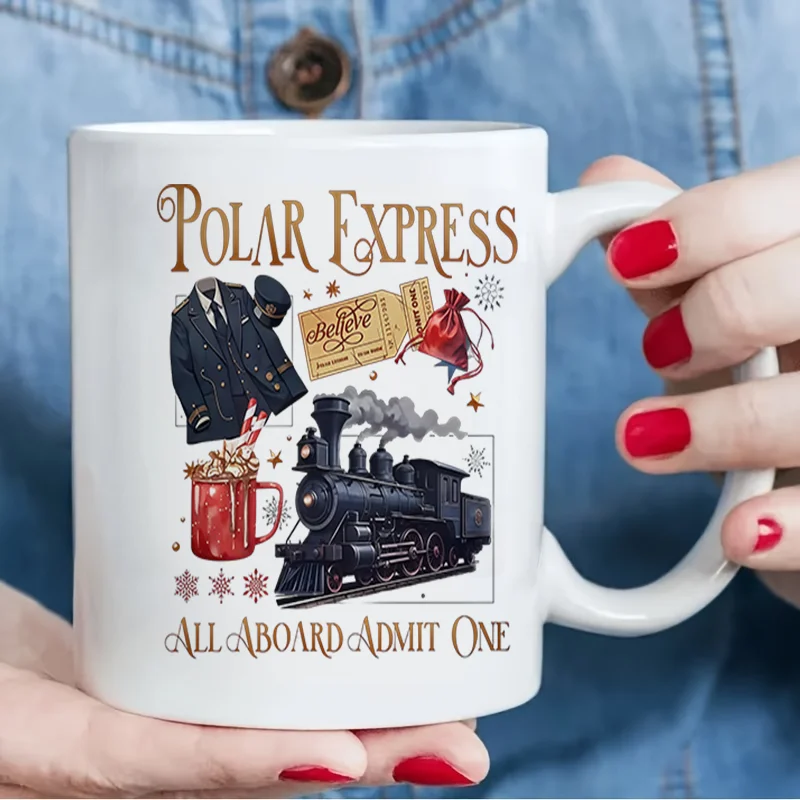 Polar Express Train Locomotive Ticket Uniform Pattern Ceramic Coffee Mug 11oz 350ml Personalized Custom Colorful Print Cute Aest