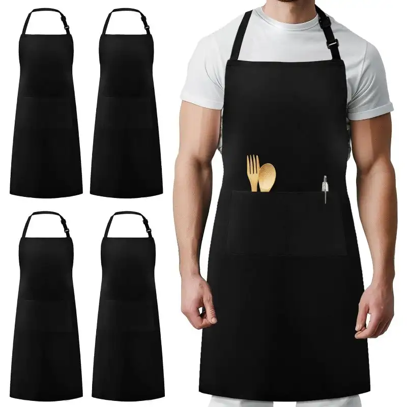 

4 Pack Chef Apron, Adjustable Bib Apron Waterdrop Resistant Professional Cooking Aprons for Men Women with 2 Pockets, Black