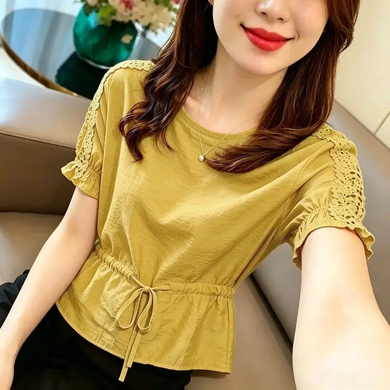 Fashion Lace Patchwork Drawstring Short Sleeve Blouse Summer O-neck All-match Elegant Shirt Tops Office Vintage Women Clothing