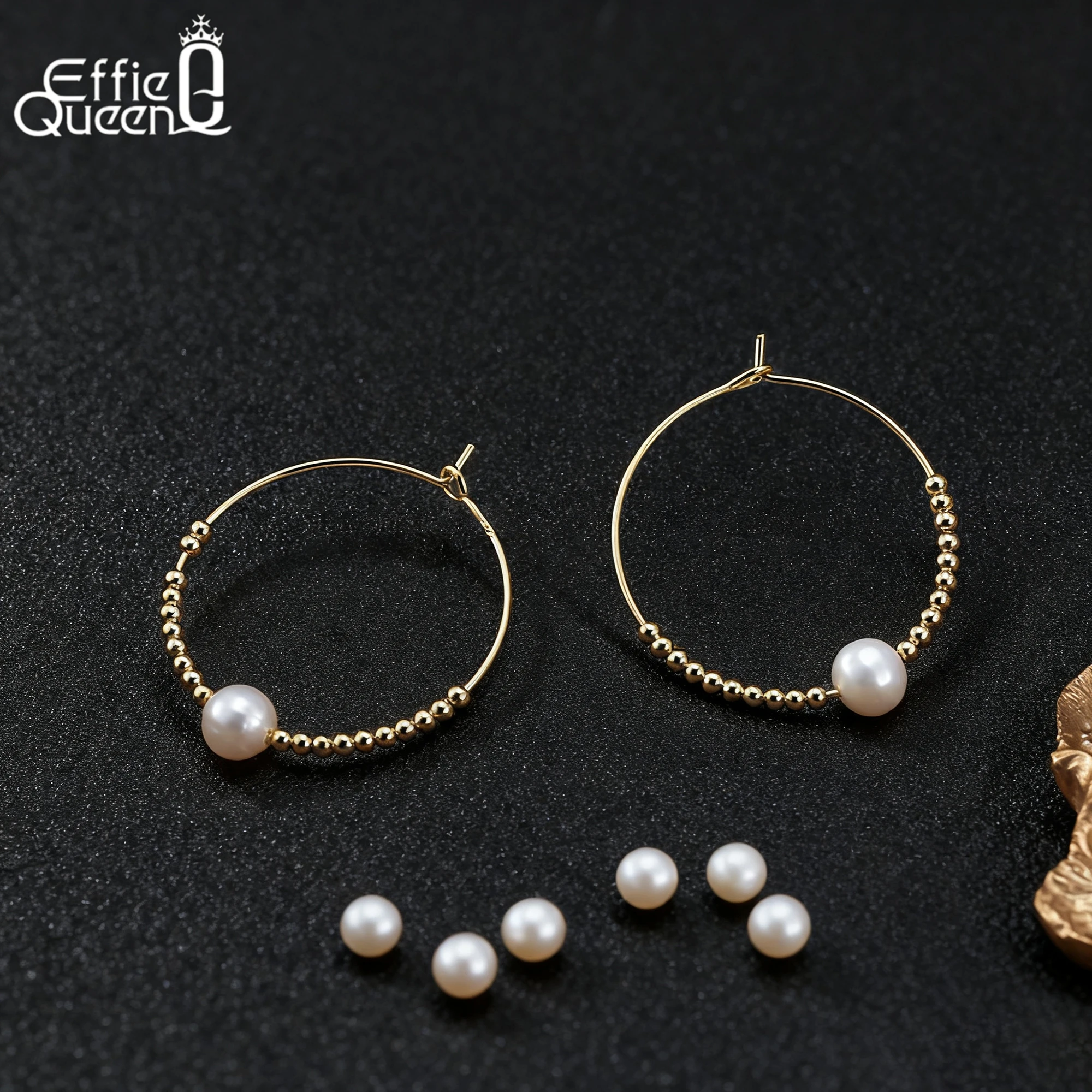 

Серьги Effie Queen из настоящего серебра 925 пробы, серьги-кольца из золота 14 карат, жемчужные бусины, шариковая нить, модные украшения для женщин, платье GPE79