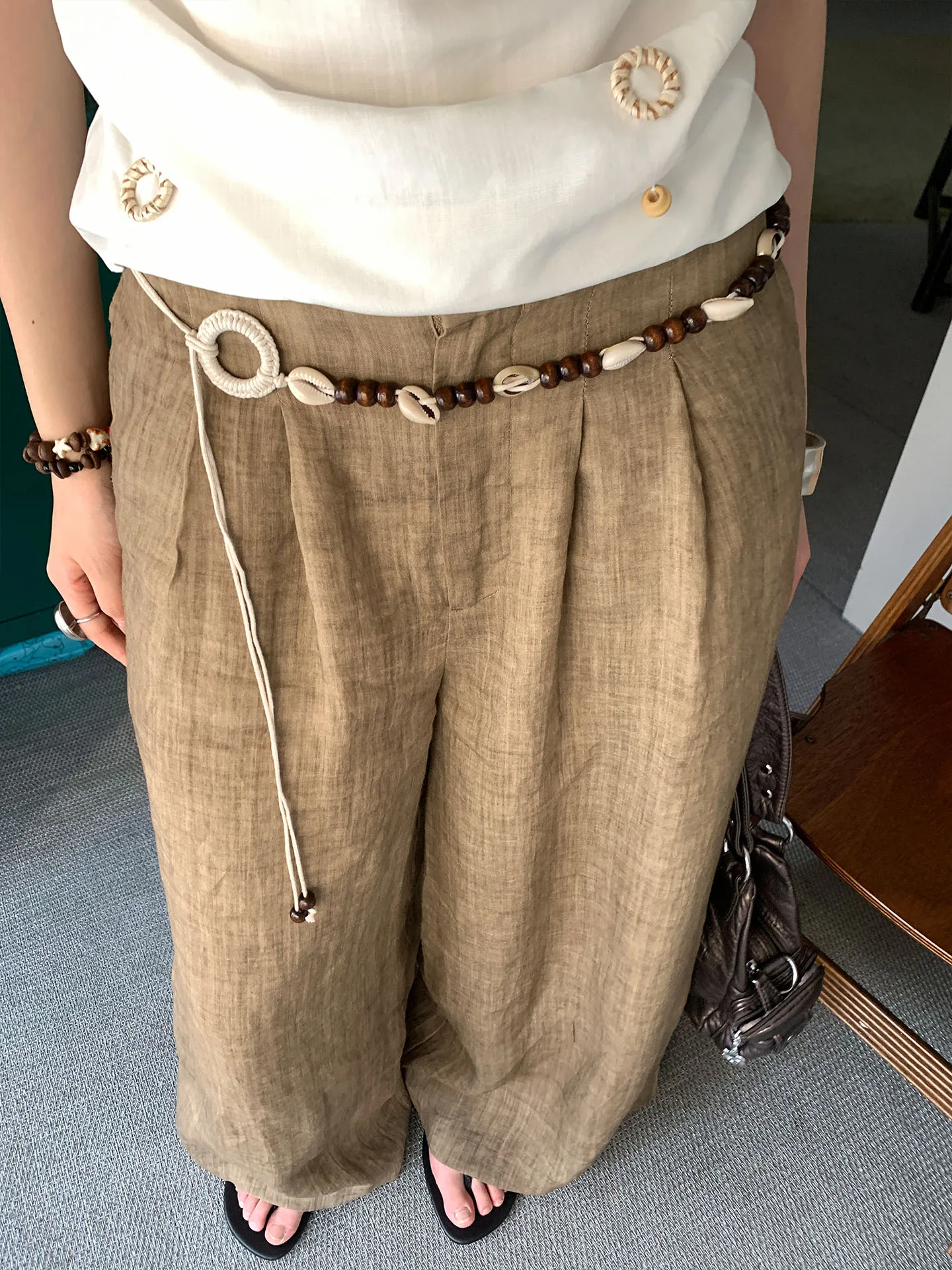 Ethnic Style Woven Shell Bead Thin Waist Belt For Women With Simple Design Sense To Match With A Dress