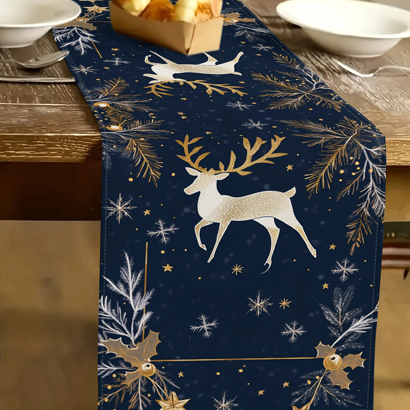 1 قطعة عيد الميلاد الذهبي الغزلان البحرية الجدول عداء ، متعدد الموسم العالمي لتزيين طاولة الطعام ، الكتان 2D ديكور مسطح