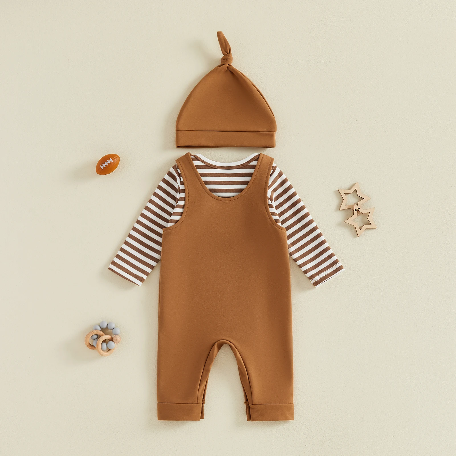 Baby Boy 3Pcs Football Outfits Long Sleeve Romper with Suspender Pants Hat Set Newborn Clothes