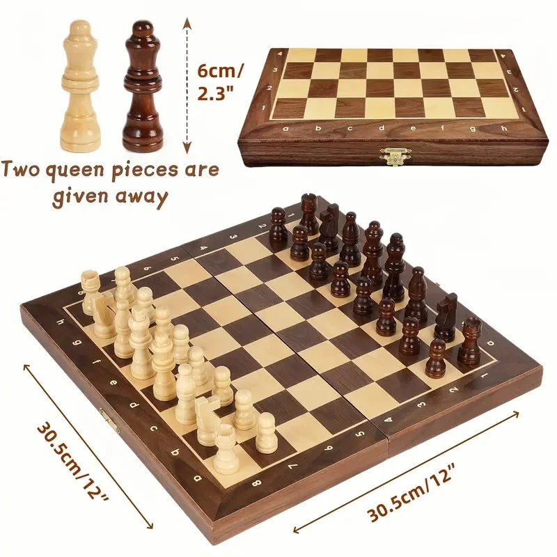 

Магнитная шахматная доска для путешествий, 30 см/12 дюймов, деревянная - с 2 дополнительными фишками для игры в шахматы (семейная шахматная игра)