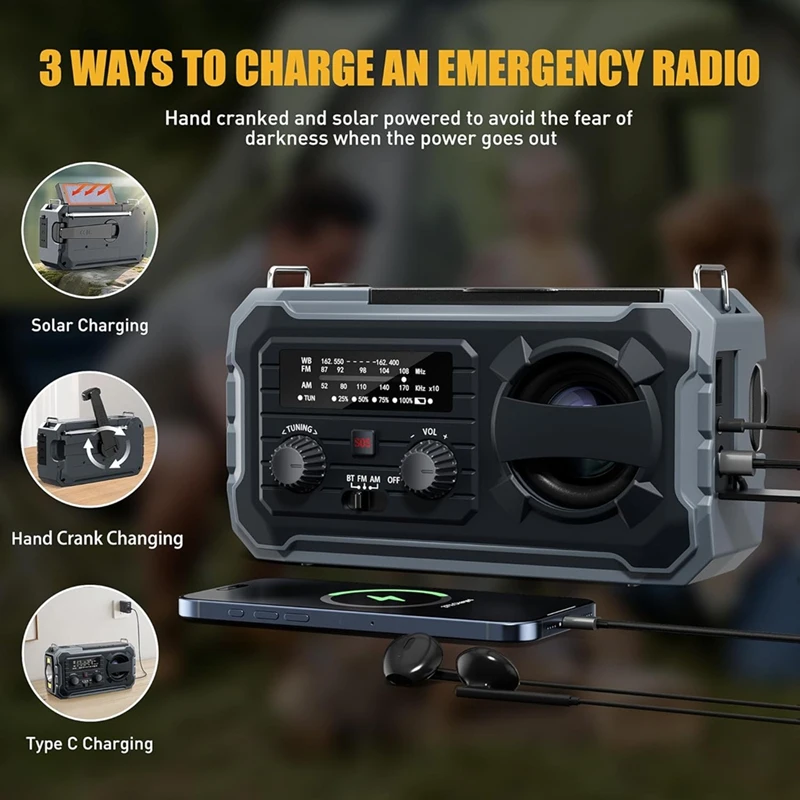 

Emergency Weather Radio, 8000mAh Solar & Hand Crank Radio with AM/FM/NOAA, SOS Alarm, Phone Charger, for Outdoor & Home-TCES