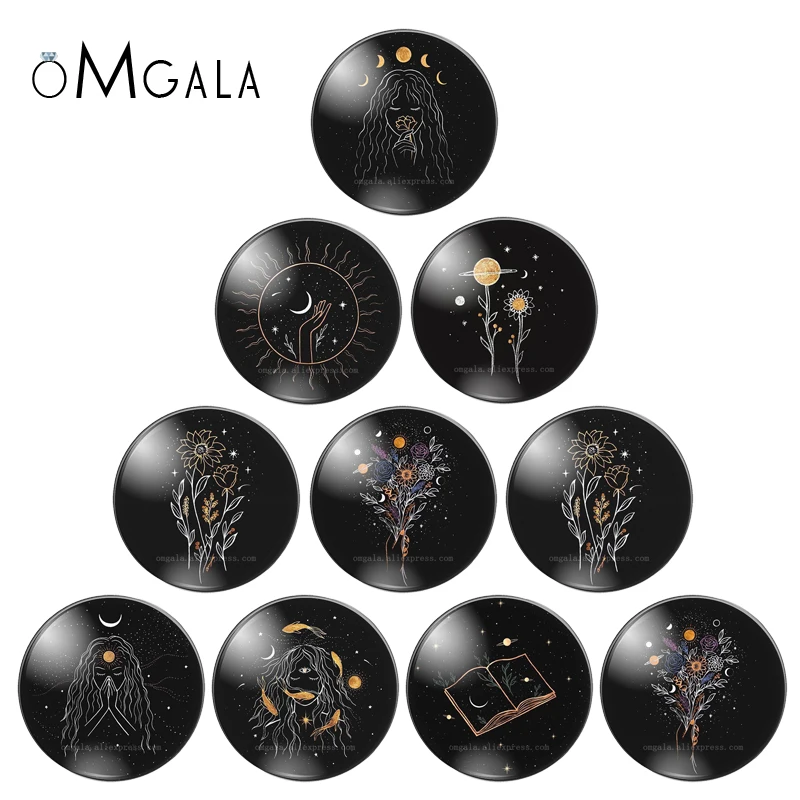 Cartoon Hand Drawing Sun Star Flower  Handmade Photo Glass Cabochons Pattern Domed Jewelry Making Accessories Supplies