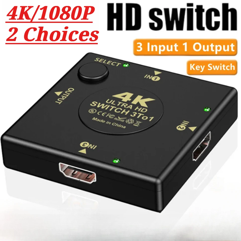HDMI-Compatible Switch 3 Port HDMI-Compatible Switcher Selector 3 In 1 Out HD Switches Supports 4K/1080P Player PS4 Game Console