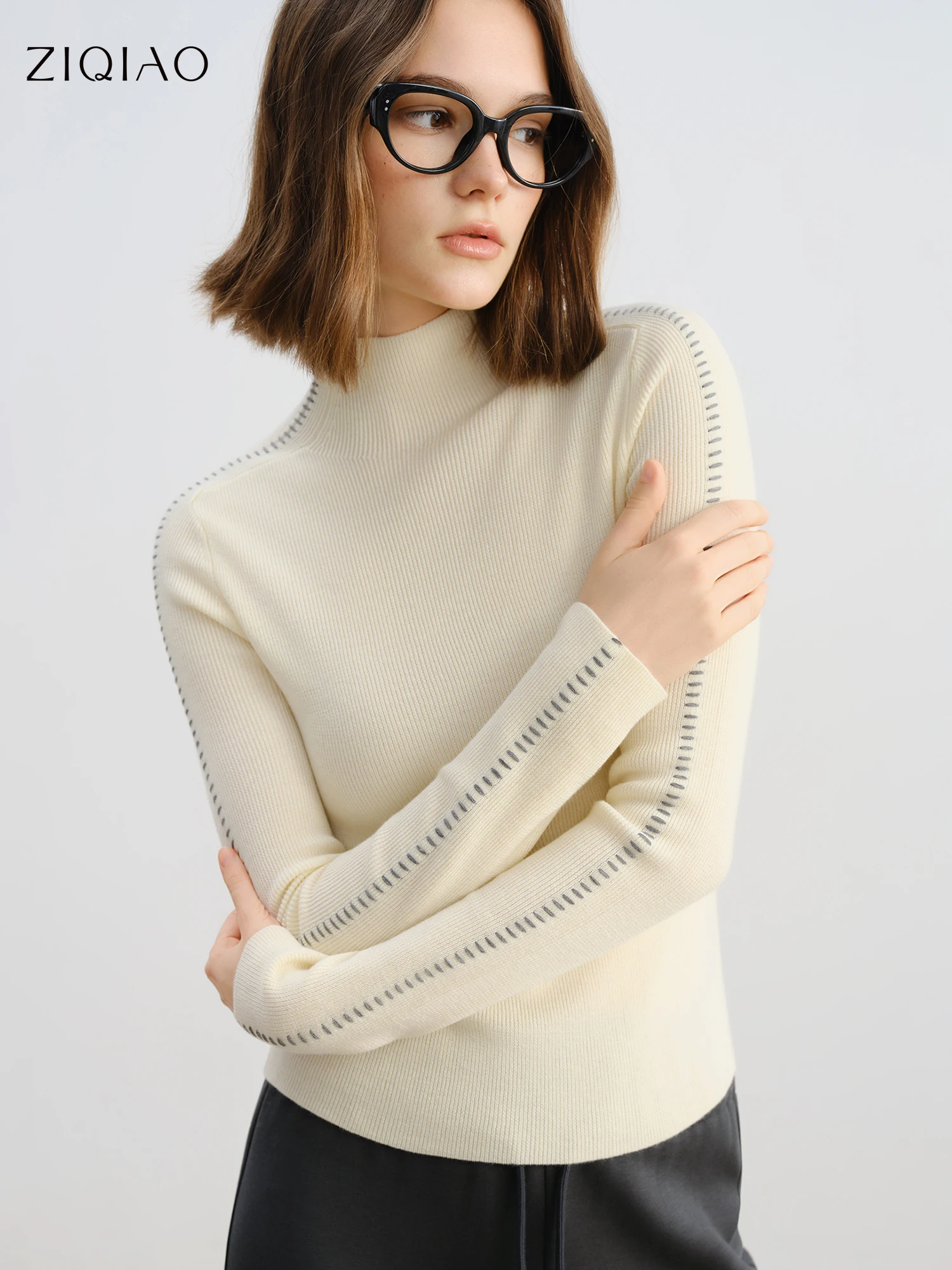 

ZIQIAO Petite Women Blue High Neck Knit Sweater 2025 Winter New Arrival Fitted Slimming Base Layer Blue Beige turtleneck sweater