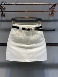 Falda vaquera blanca antiexposición para mujer, ropa de verano 2023, nueva moda, cintura alta, corte en A, faldas informales que combinan con todo