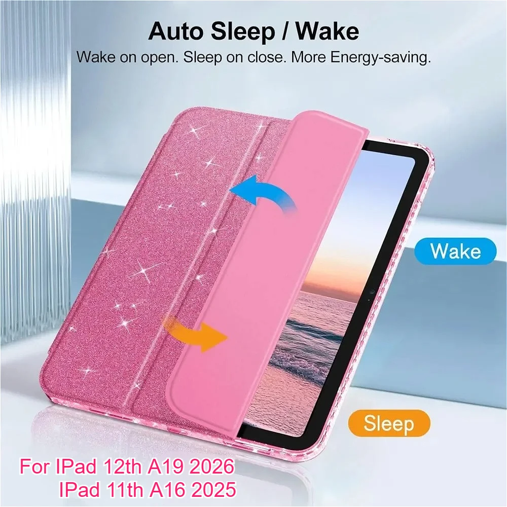 Glittering Sparkly Tablet Case for 2026 IPad 12th Gen A19 A16 11th 10th Generation 10.9 11 Tri-fold Smart Stand Protective Cover