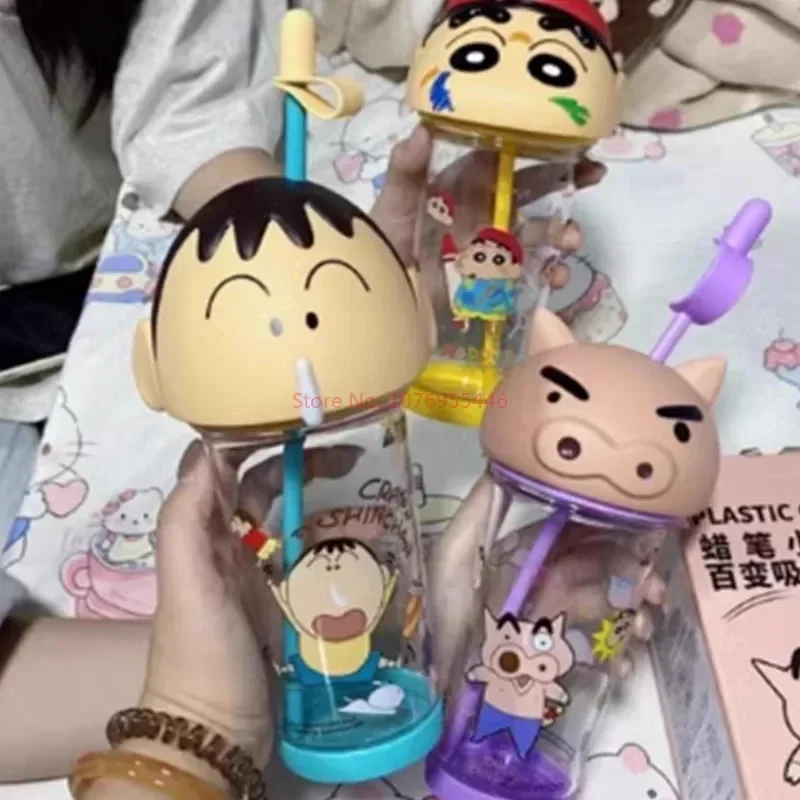 500-600ml Anime Crayon Shin-chan Cute Big Head Cup Heat-resistant Plastic Water Cup Student Large Capacity Portable Straw Cup