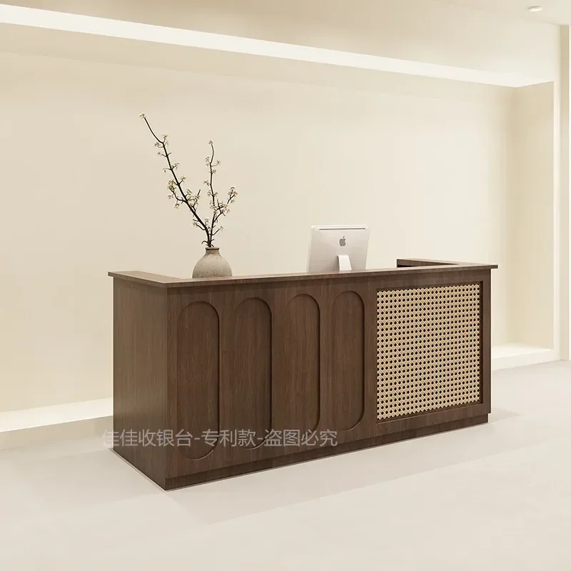 Wabi Sabi clothing store, solid wood bar, checkout page store small counter, beauty salon front desk, reception desk