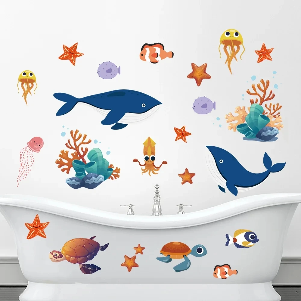 Cartoon Colour Fish Octopus Whale Ocean Animal Wall Stickers Bathroom Kids Room Living-room Home Decor Poster Decal  Wallpaper