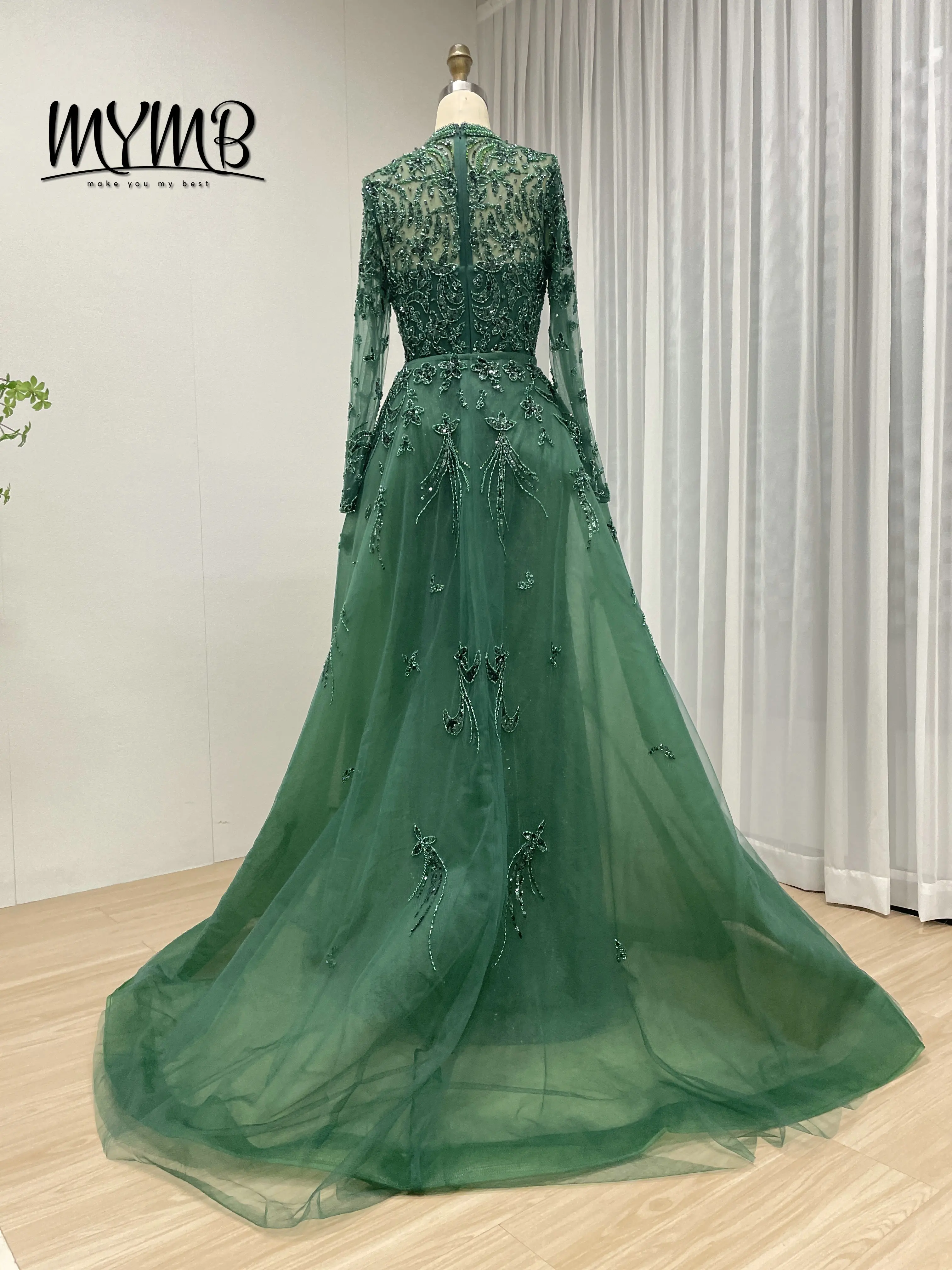 Elegancka suknia wieczorowa w stylu syreny w kolorze dubajskiej zieleni dla panny młodej, luksusowe suknie ślubne z haftem i koralikami, muzułmańskie długie suknie MY30035B