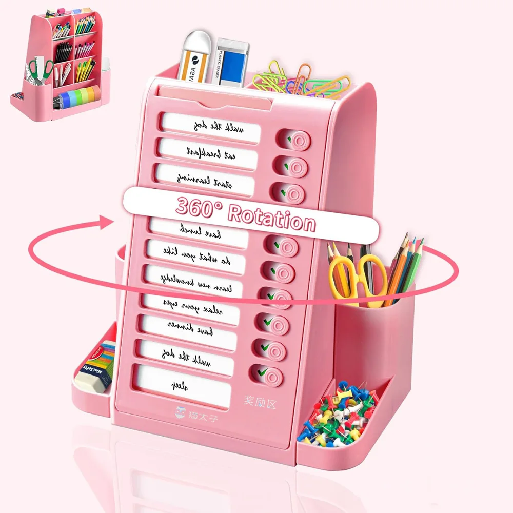 2 in 1 Rotatable Pen Holder and Chore Chart for Kid Do List Checklist Board Large Capacity Stationery Storage Box Desk Organizer