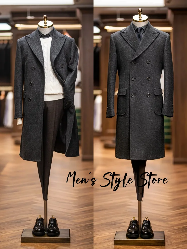 Outono inverno moda chesterfield casaco masculino espinha de peixe tweed duplo breasted meados de comprimento terno quente jaqueta mistura de lã casaco