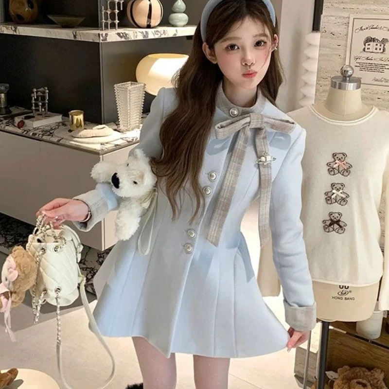 النمط الفرنسي خمر معطف فستان من الصوف الأنيق المرأة لطيف الحلو القوس كم طويل زر الأزرق جاكيتات الشتاء موضة ملابس خارجية ضئيلة #5