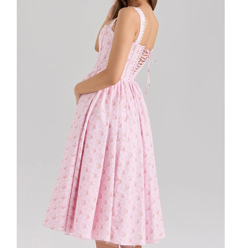 ผู้หญิงที่สง่างามสีชมพูดอกไม้พิมพ์สลิงMidiชุดยาวเซ็กซี่ต่ําเอวOคอA-Lineชุดฤดูร้อนเก๋เลดี้วันหยุดพรรคเสื้อคลุม