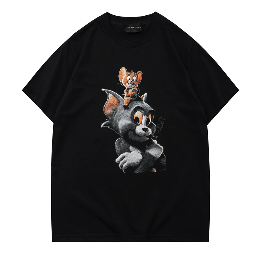 Trendy Cartoon Cat and Mouse Print Loose Fit Cotton T-shirt for Couples