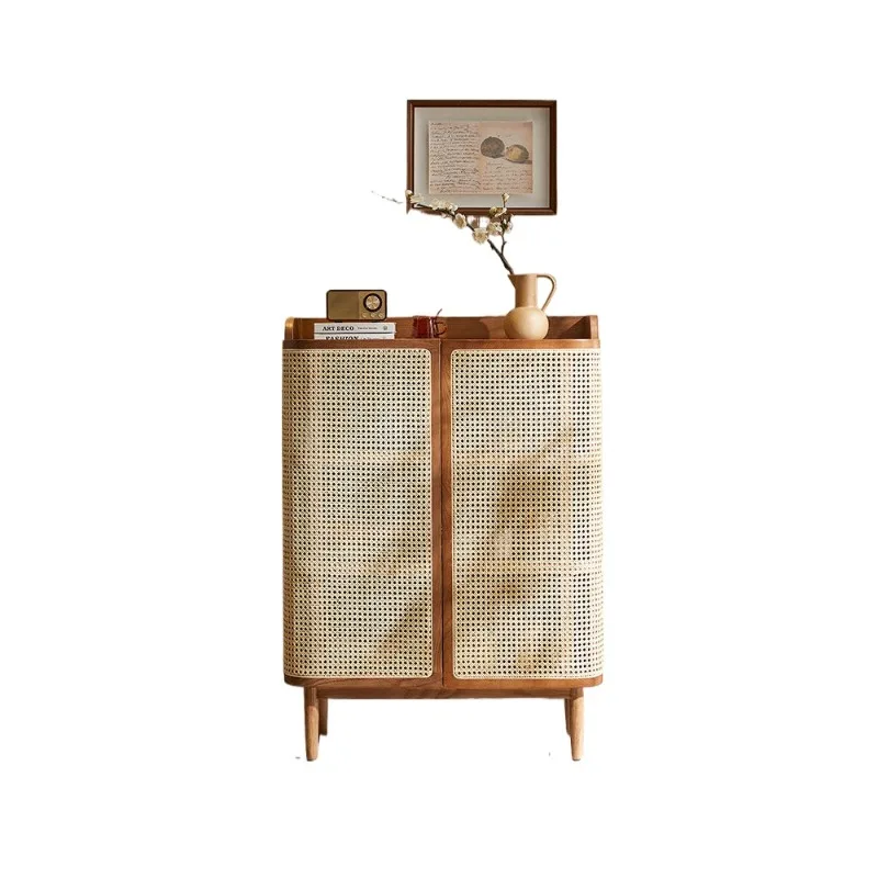 

Nordic solid wood shoe cabinet, storage, Japanese rattan locker, medieval
