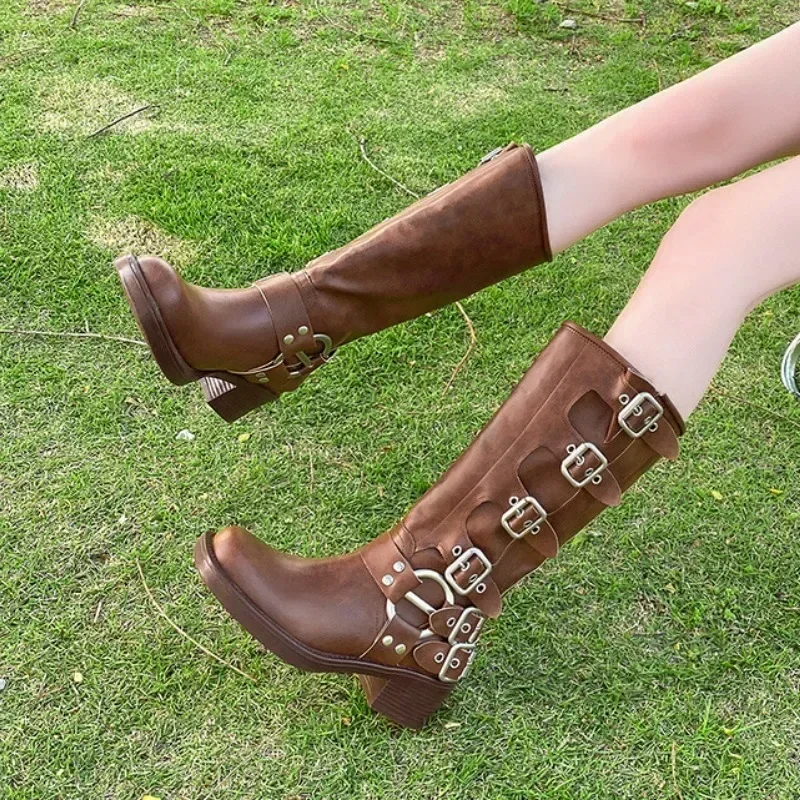 Women\'s Boots Elevation Waterproof Non-slip Belt Buckle Round Head Vintage High Boots Fashion Boots Belt Buckle Botas Mujer 2024