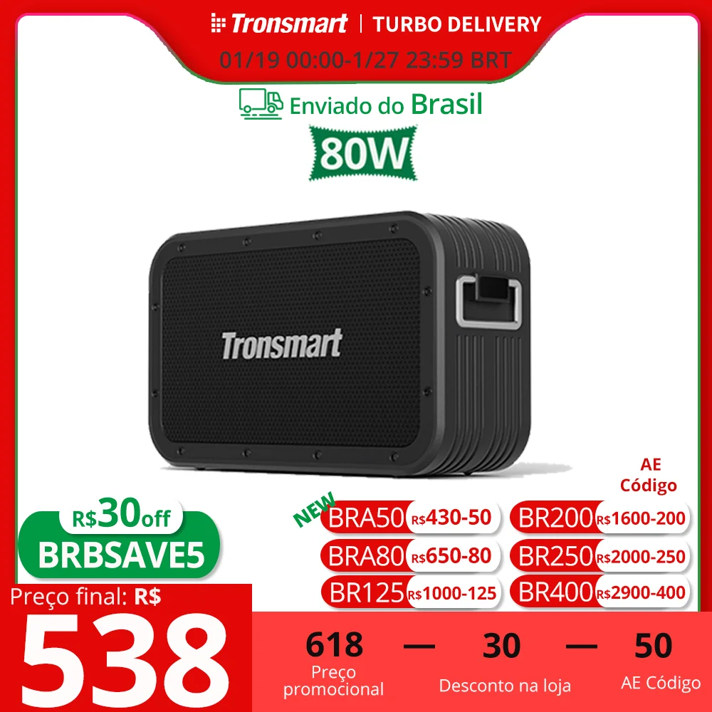 Alto-falante Tronsmart Force Max 80W Alto-falante Bluetooth poderoso com TWS, Bluetooth 5.0, IPX6 à prova d'água, Powerbank integrado