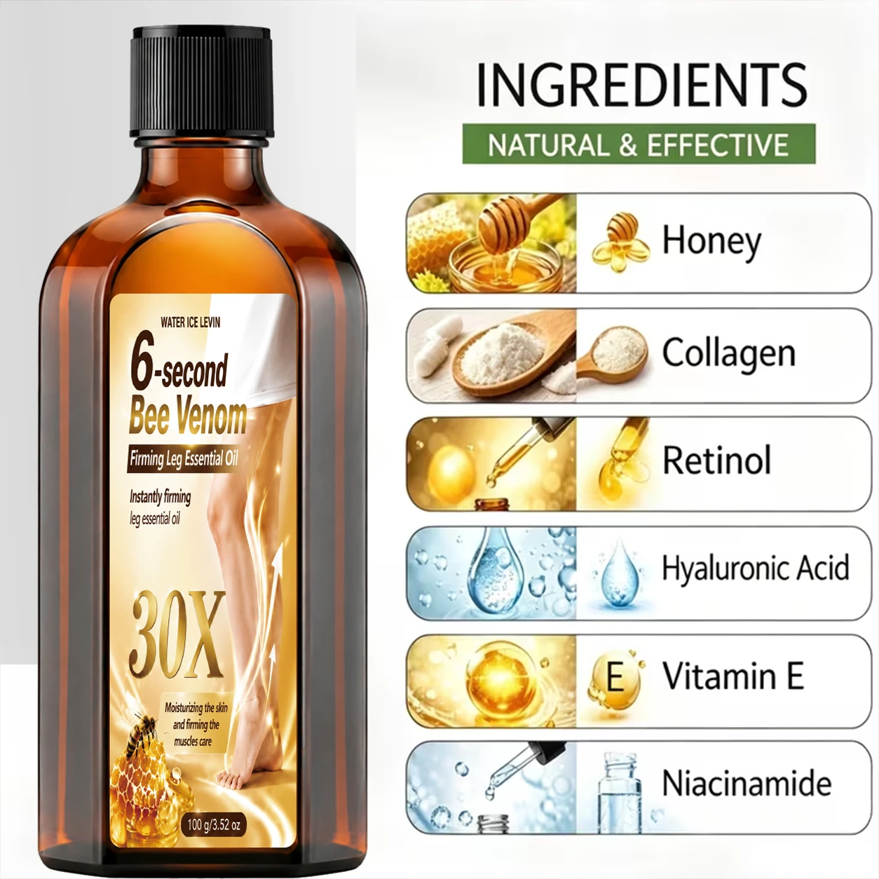Water Ice Levin Bee Venom Firming Leg Oil 6-second 30X Formula Instant Tightening Hydrating Leg Massage Essential Oil 100g