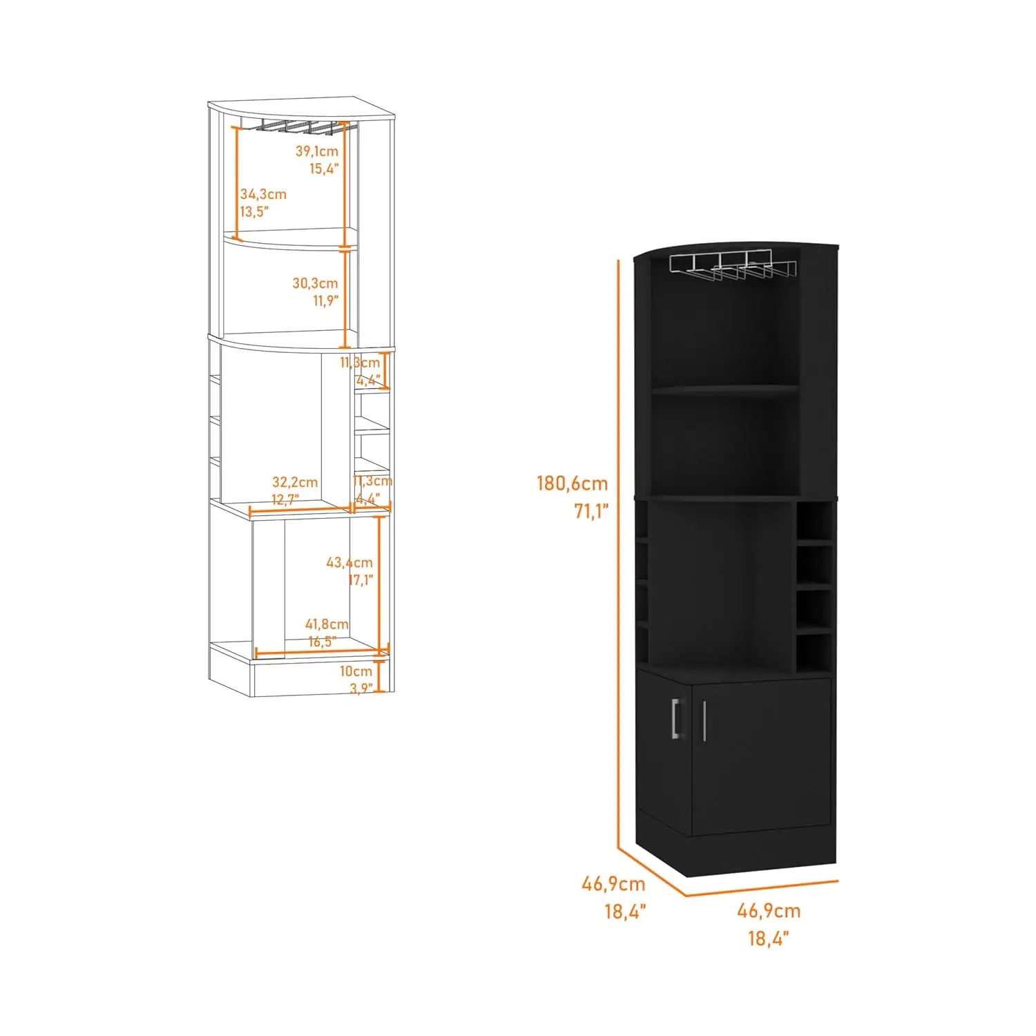 71" Tall Corner Bar Cabinet with Shelves Doors Built-in Wine Rack for Small Space Black, Customized
