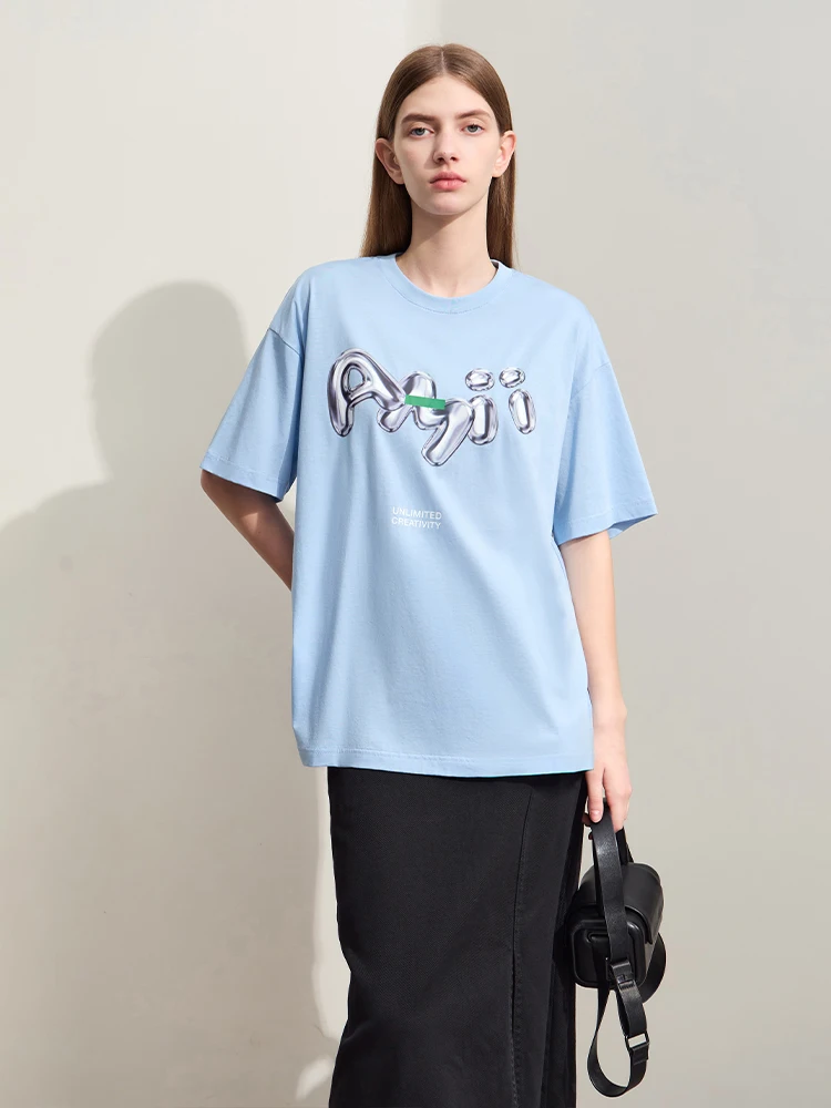 Amii minimalismo 2024 verão novas camisetas casuais soltas noções básicas de comprimento médio letras impressas o-pescoço moda topos femininos 12442286