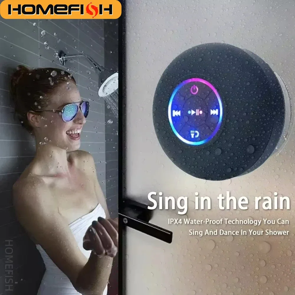 HOMEFISH 2025 Waterproof Wireless LED Bluetooth Speaker Mini Portable with Large Suction Cup for Bathroom Outdoor Sports Stereo