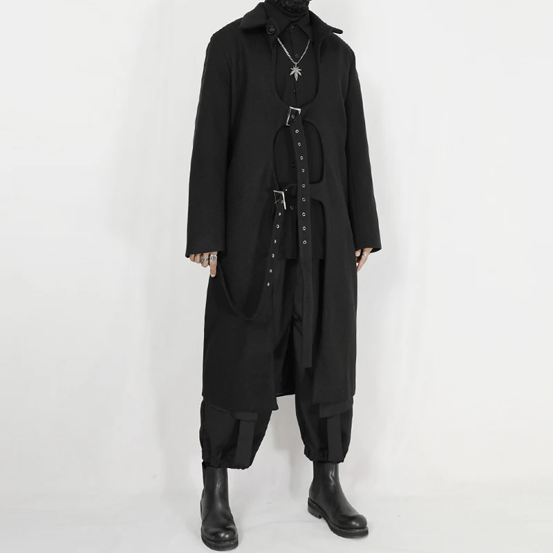 Black Yamamoto Style Dark Techwear Fashion Men\'s Clothes Trench Coat with Original Design and Knee-Length Overcoat