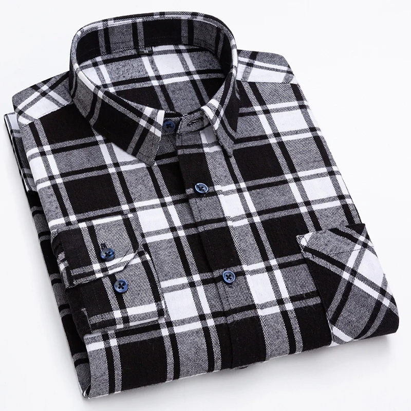 100% Pure Cotton Men Long Sleeve Shirt Plaid Stripe Flannel Business Casual Classic Breathable Men Pocket Button Workwear Shirt