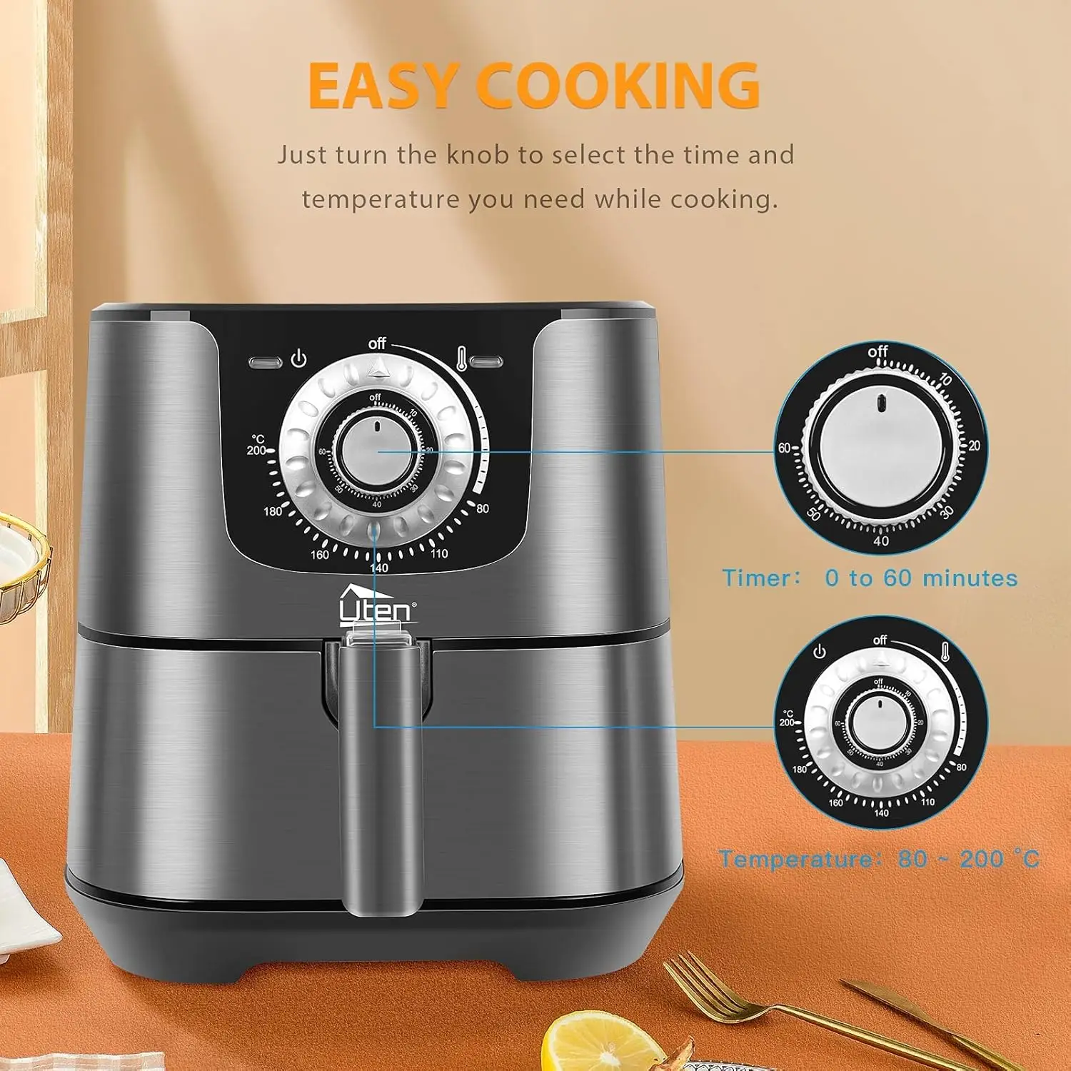 5.8 Quart Air Fryer, 1700W Oilless Cooker, Non-Stick Basket, Manual Control with Timer & Temp Knob, Black
