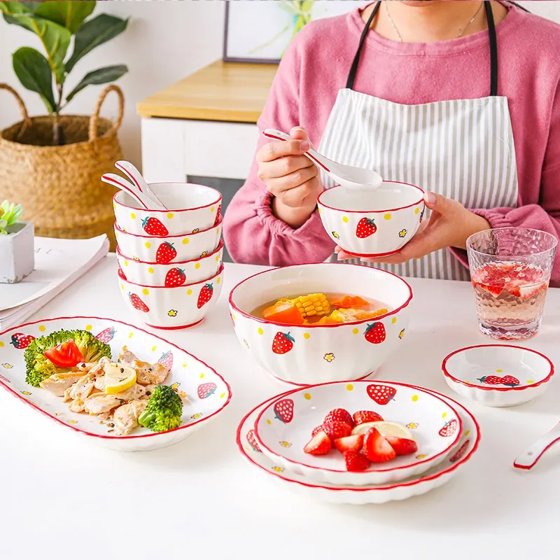 LingAo  Web celebrity breakfast bowl plate girl heart dish household spoon bowl plate set cutlery