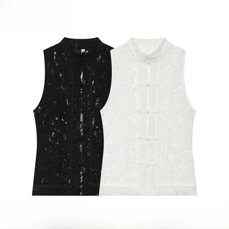 

Spring Summer New Women's Fashion Shirt Lace Waist-Cinching Stand Collar Sleeveless Button-Down Polyester Fiber Slim Fit