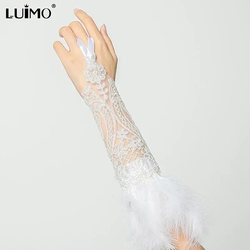 Natural Feather Black White Lace Long Gloves Women Party Sexy Fingerless Gloves Exaggerated Lace Fishnet Gloves Y2k Accessories