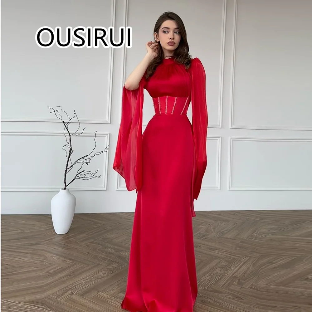 

High Neck Satin Formal Evening Dress with Long Sleeve Beaded Floor-Length Sheath Court Saudi Bridesmaid Arab Gown Custom Made
