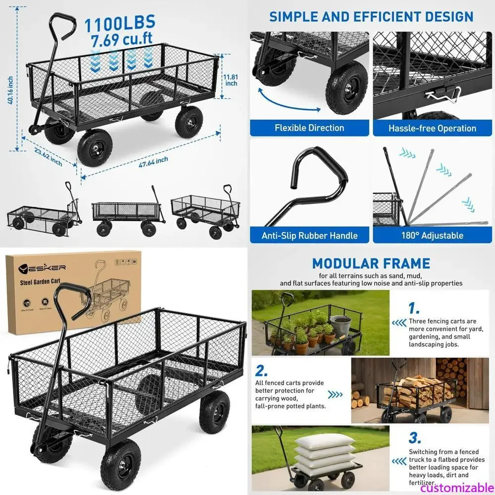 

All-Terrain Heavy-Duty 1100lbs Capacity Steel Garden Cart with Inflatable Wheels for Yard, Lawn, and Farm Use