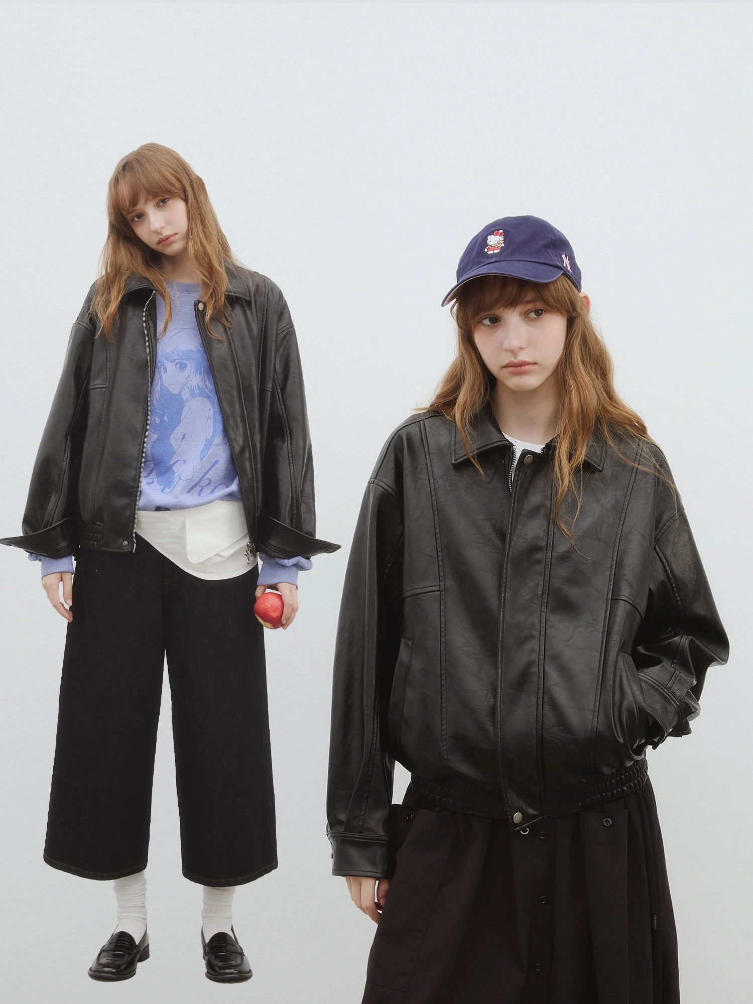 

Kokoasoko Women's Bla Motorcycle PU ort Jaet Loose Fit Spring Autumn New Sle Warmth Casual Faion Ladies Coat