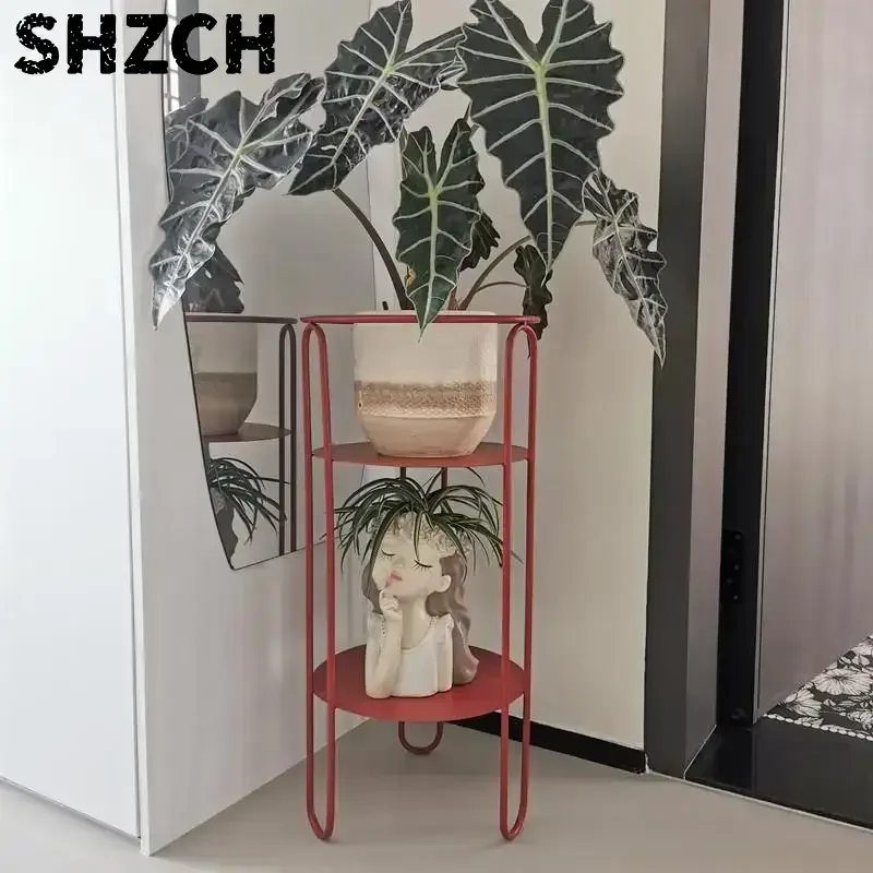 Minimalist Iron Flower Stand Vintage Red Multi-Tier Plant Shelf Creative Balcony/Living Room Decor Stylish Plant Display Rack