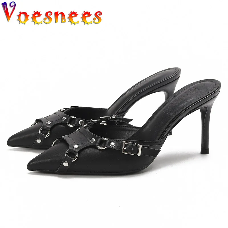 

Black High Heels Ladies Shoes Shallow Mouth Rivet Stiletto Pumps Summer Buckle Outdoors Women's Sandals Closed Pointed Slippers