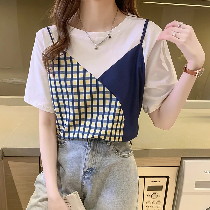 T-shirt women\'s summer new fake two-piece short-sleeved loose Joker shoulder plaid stitching contrast cotton top