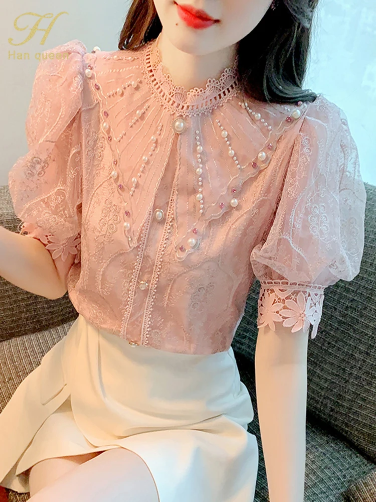 H Han Queen New Blouse Women Spring Summer Embroidery Crochet Beading Shirts Office Work Blouse Puff Sleeve Vintage Loose Tops