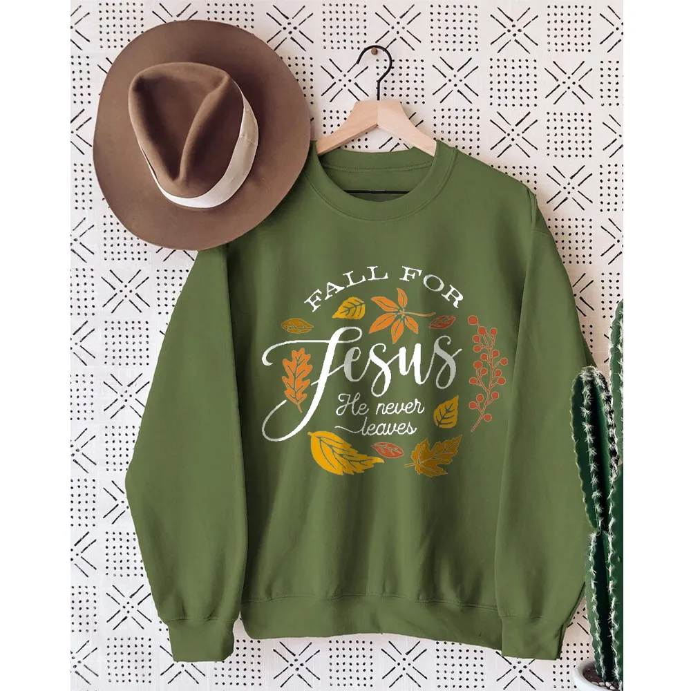 Rheaclots Fall For Jesus He Never Leaves Print Women's Cotton Female Cute Long Sleeves Sweatshirt