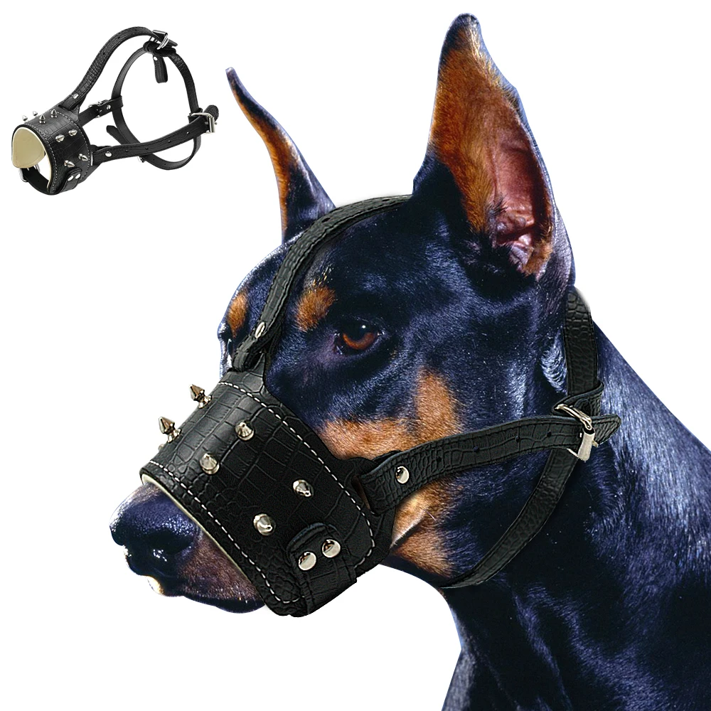 

Leather Dog Muzzle for Medium Large Dogs Pitbull Adjustable Spiked Anti Barking Muzzles Dog Mouth Cover Musk Pet Accessories