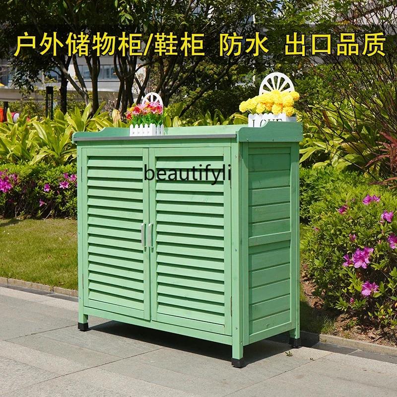 Outdoor solid wood shoe cabinet storage waterproof and sunscreen courtyard tool box garden balcony utility cabinet